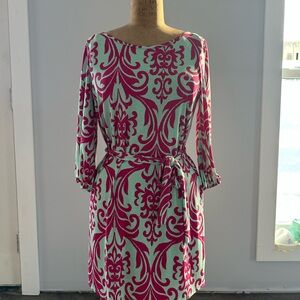 Teal & Hot Pink Sheath Dress with 3/4 Bishop Sleeves